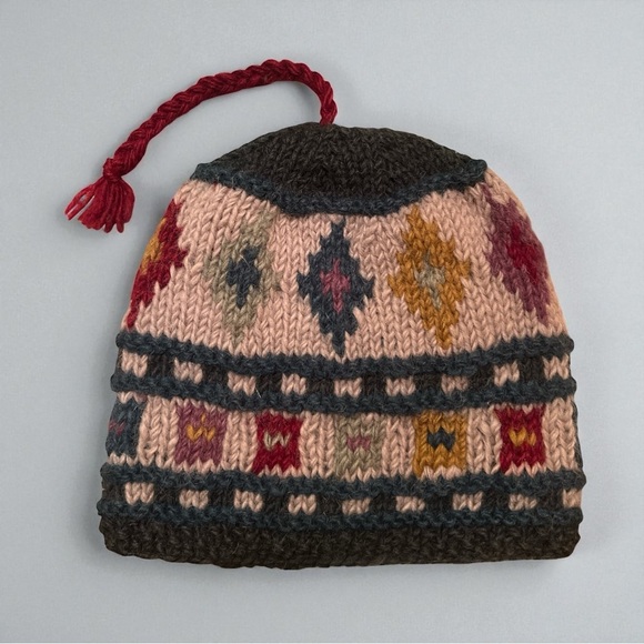 Cozy Wool Knit Beanie Hat Tassel Tribal Pattern Ski Cap Unisex Winter Warm - Picture 1 of 5